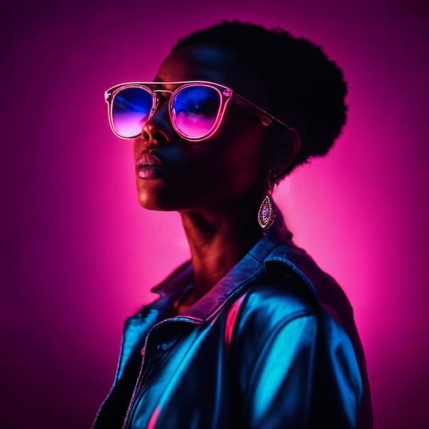 photo of beautiful african woman with with mixed pink and blue neon light generative AI