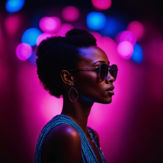 красивой африканской женщины с фотографией с смешанным розовым и синим неоновым светом генеративный ИИ
