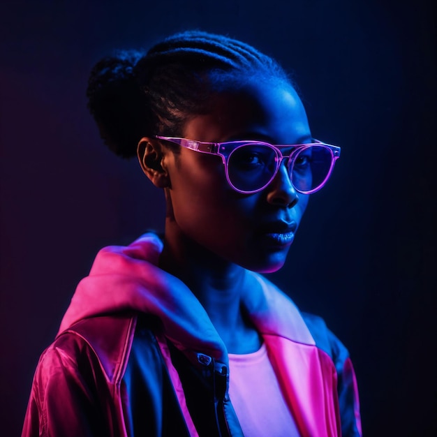 photo of beautiful african woman with with mixed pink and blue neon light generative AI