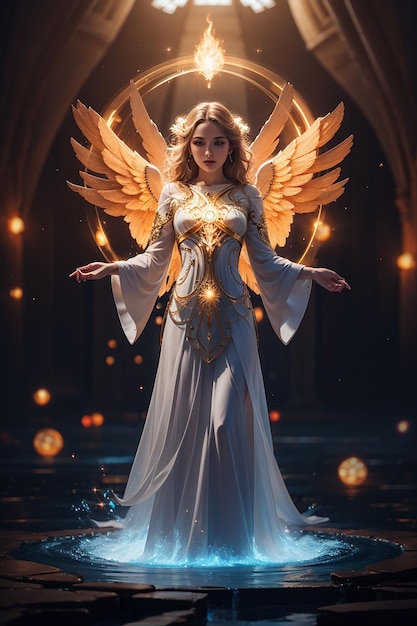 Фото красивой ангельской девушки в белой одежде с крыльями