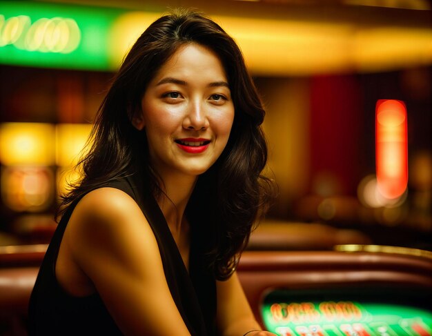 Photo photo of beautiful asian woman as a gambler at grand casino generative ai