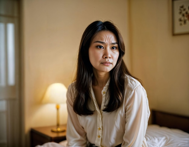 photo of beautiful asian woman as a wife with curious face feeling at bedroom generative AI