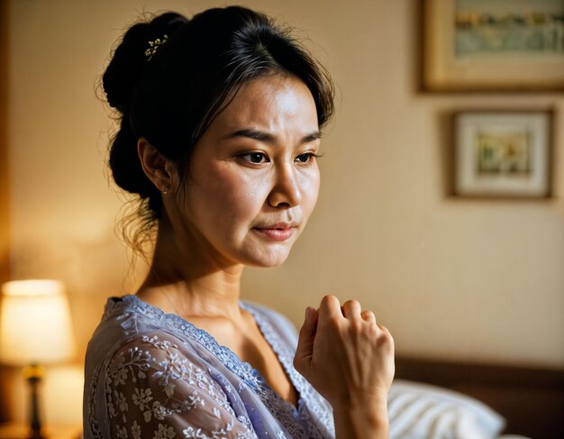 photo of beautiful asian woman as a wife with curious face feeling at bedroom generative AI