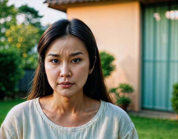 photo of beautiful asian woman as a wife with curious face feeling standing in front of her house generative AI