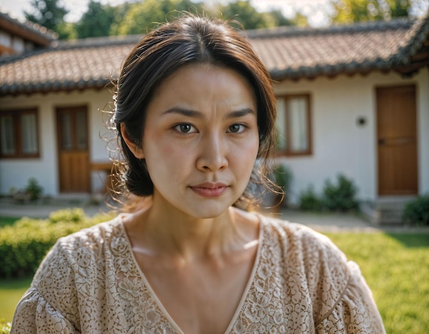 그녀의 집 앞에 서있는 호기심 얼굴 느낌의 아내로 아름다운 아시아 여성의 사진 생성 AI