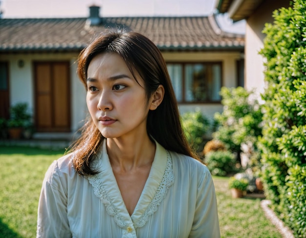 photo of beautiful asian woman as a wife with curious face feeling standing in front of her house generative AI