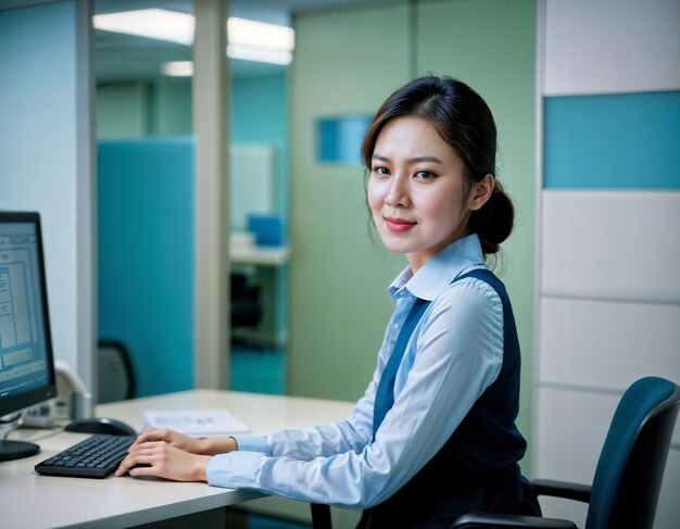 photo of beautiful asian woman inside office meeting room generative AI