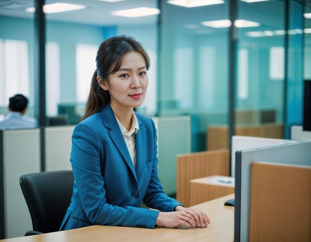 Foto foto di una bella donna asiatica all'interno della sala riunioni dell'ufficio ai generativa