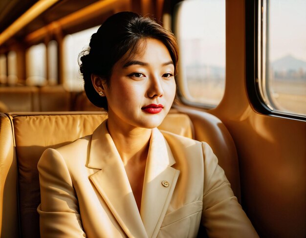 Foto foto di una bella donna asiatica seduta in un treno di lusso ad alta velocità generativa ai