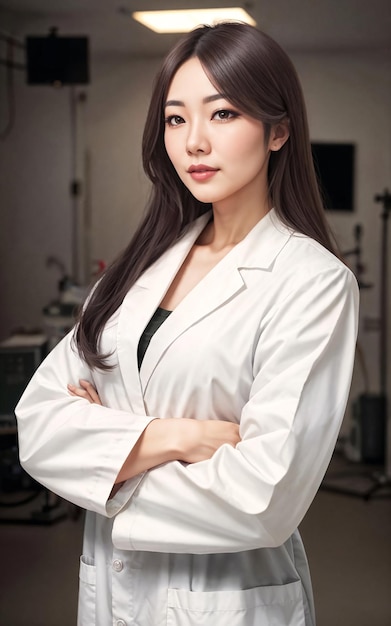 Photo of beautiful asian woman in white lab coat generative AI