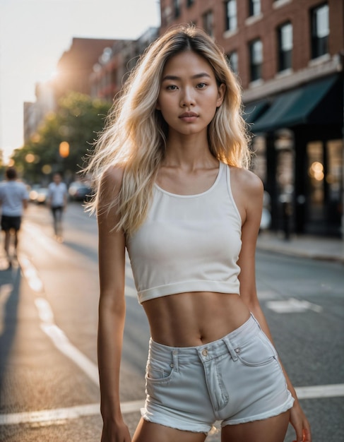 Foto foto di una bella donna asiatica con i capelli biondi e una maglietta in piedi sulla strada del marciapiede generativa ai