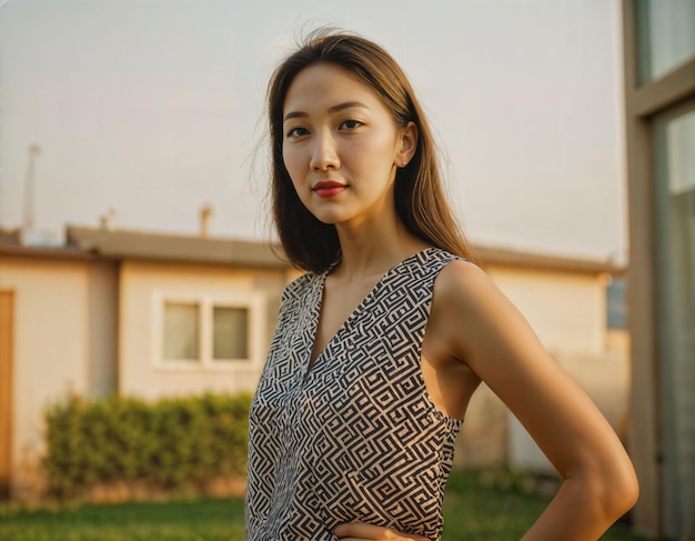 Foto foto di una bella donna asiatica con un vestito stampato in piedi nel cortile posteriore della sua ia generativa residente