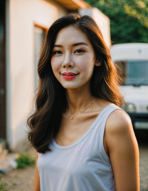 photo of beautiful asian woman with sunset light near truck generative AI