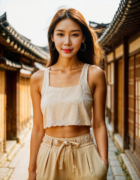 Foto foto di una bellissima donna asiatica con in casa tradizionale locale costruzione generativa ai