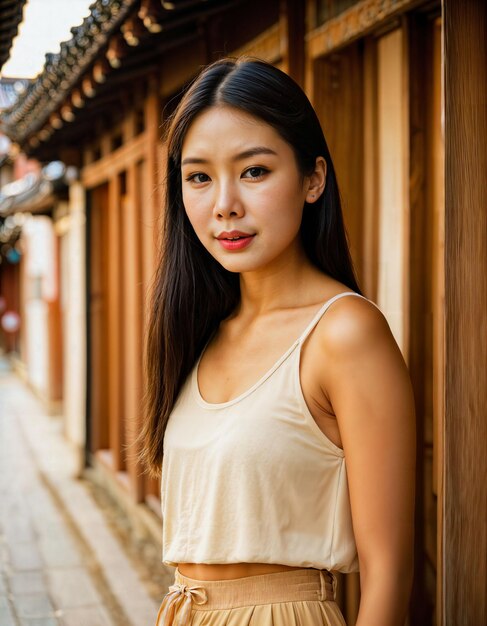 Photo photo of beautiful asian woman with in traditional local house building generative ai