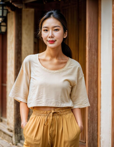 아름다운 아시아 여성의 사진은 전통적인 지역 집에서 생성 인공지능을 구축합니다.