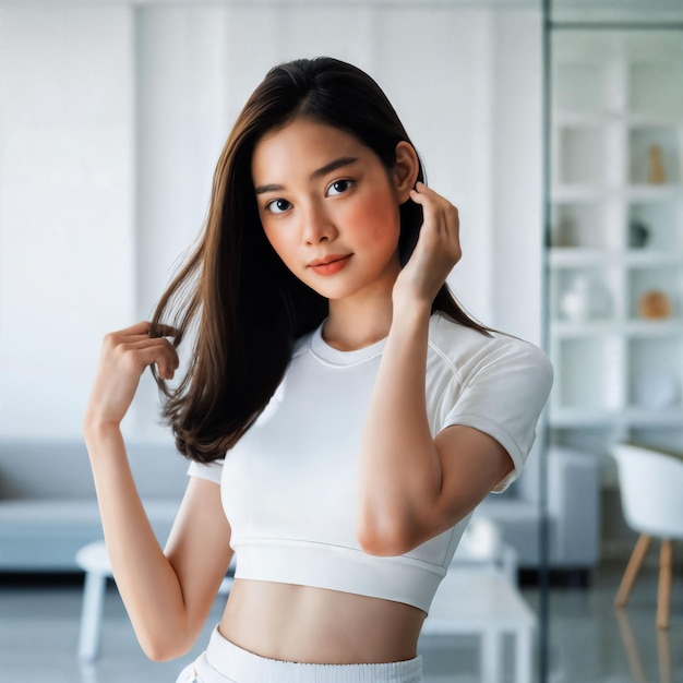 photo of beautiful asian woman with white sport outfit checking and arranging her hair in clean minimal room generative AI