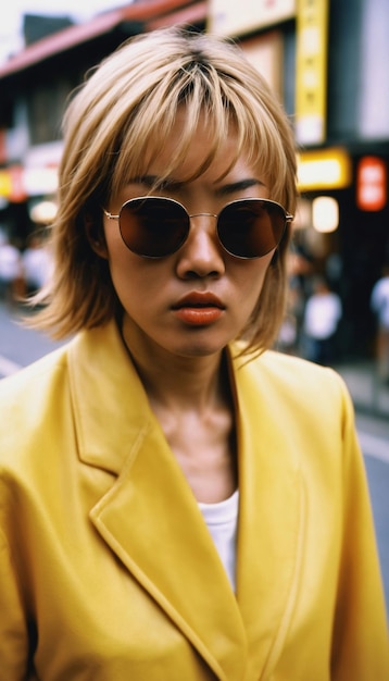 Photo photo of beautiful asian woman in yellow outfit at asian street night market generative ai