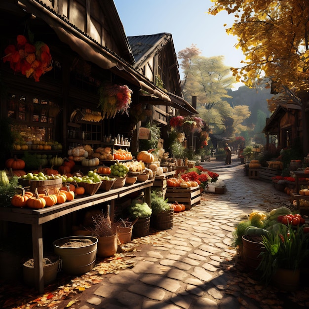 photo of a beautiful autumn market autumn sunny atmosphere autumn decorations stalls with