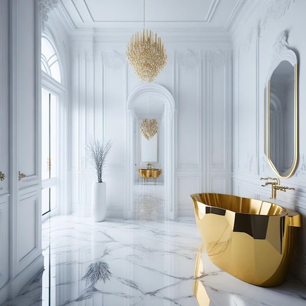 황금 디테일과 고급스러운 가구가 있는 아름다운 욕실 사진