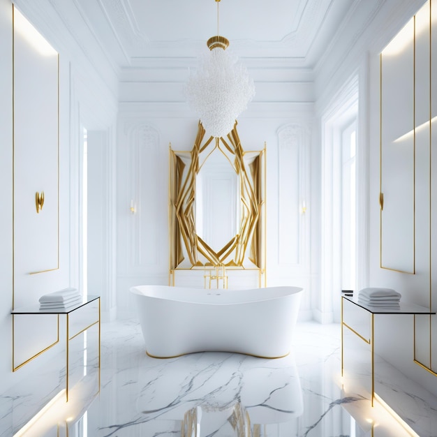 Photo beautiful bathroom with golden details and luxurious furniture