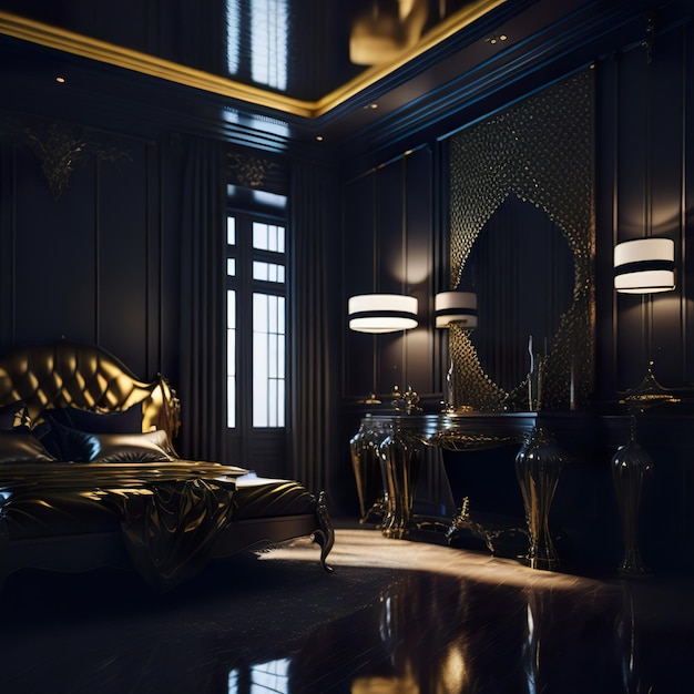 写真 金色のディテールと豪華な家具を備えた美しいベッドルームの写真を撮る