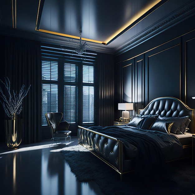 Фото Фото красивая спальня с золотыми деталями и роскошной мебелью