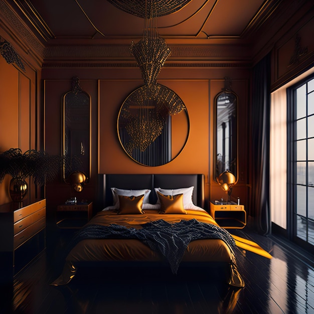 Photo beautiful bedroom with golden details and luxurious furniture