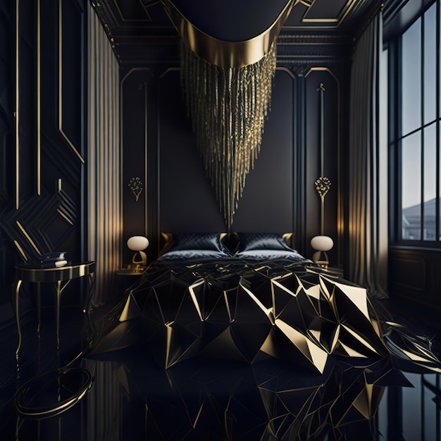 황금빛 디테일과 고급스러운 가구가 있는 아름다운 침실 사진