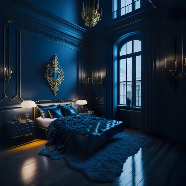 Photo beautiful bedroom with golden details and luxurious furniture