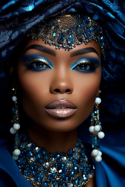 青い服を着た美しい黒人女性の写真