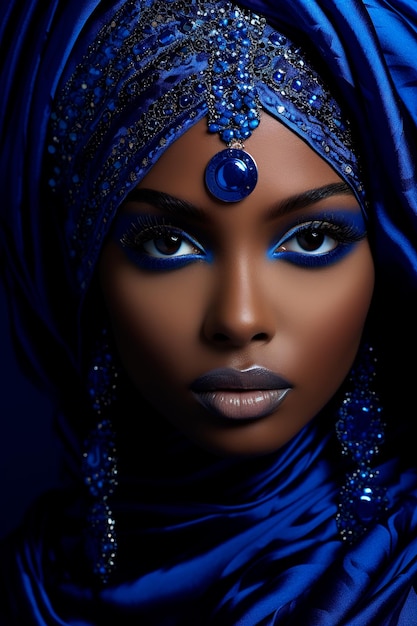 Photo of a beautiful black woman wearing blue attire