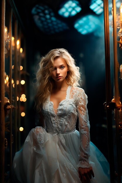 photo of a beautiful blonde woman with blue eyes wearing a wedding dress