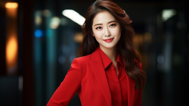 Photo beautiful business Asian girl in white jacket on red background generated by AI