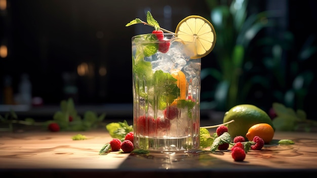 A photo of a beautiful cocktail garnished with fruit and herbs