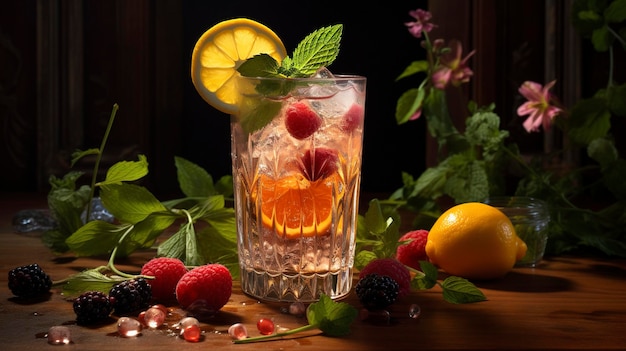 A photo of a beautiful cocktail garnished with fruit and herbs