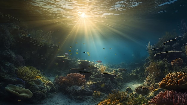 Photo of beautiful coral with sun beam underwater view