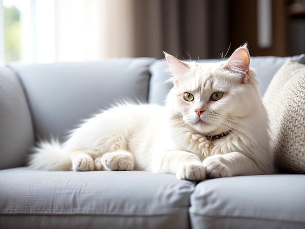 Photo a beautiful cute cat lies on the sofa and in a relaxed closeup pose ai generated