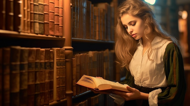 Photo of beautiful cute girl reading story book in library