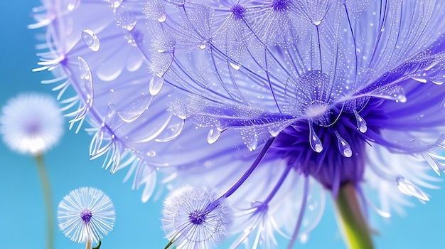 ダンデレオンの種子のマクロに美しい露の滴の写真 美しい柔らかい明るい青と紫の背景