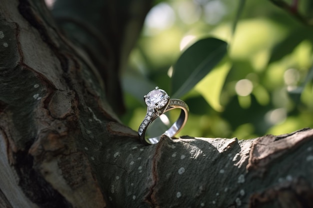 Photo of a beautiful diamond ring for a wedding on twigs and green leaves