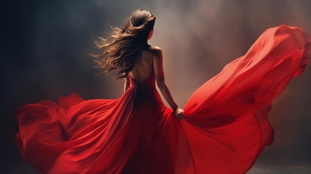 사진 밝은 빨간 드레스에 아름 다운 우아한 여자
