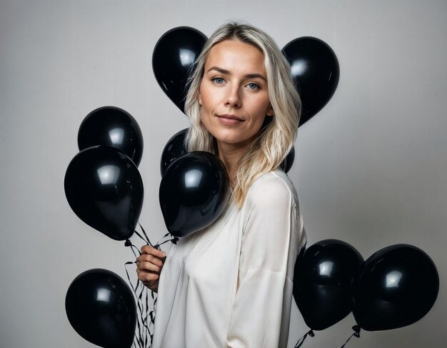 Photo of beautiful european woman with blonde hair color in black and white balloons in background generative ai