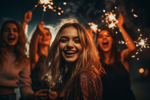 Photo beautiful girl dancing during fireworks