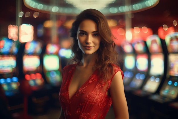 photo of a beautiful girl in a red dress in a bar