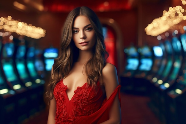 photo of a beautiful girl in a red dress in a bar