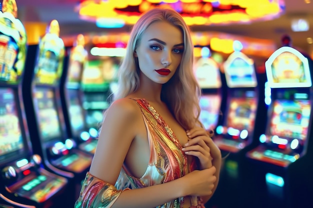 photo of a beautiful girl in a red dress in a bar