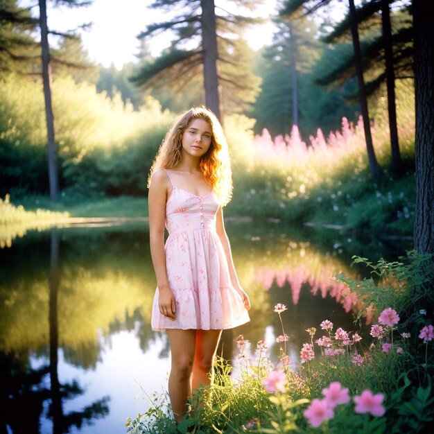 Foto foto di una bella ragazza in piedi sul bordo di un lago sereno