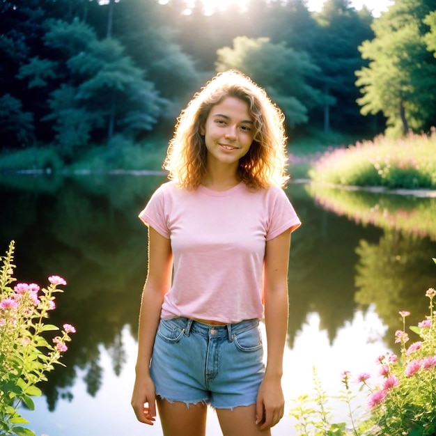 Photo a beautiful girl standing by the edge of a serene lake