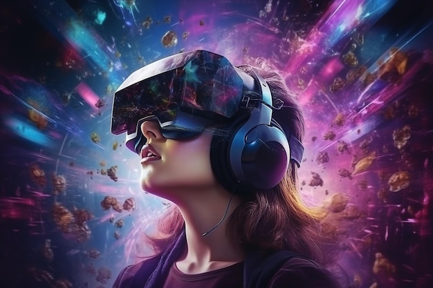 메타 버스의 사이버 공간에서 vr 안경 3d 헤드셋의 아름다운 소녀 사진 vi의 개념